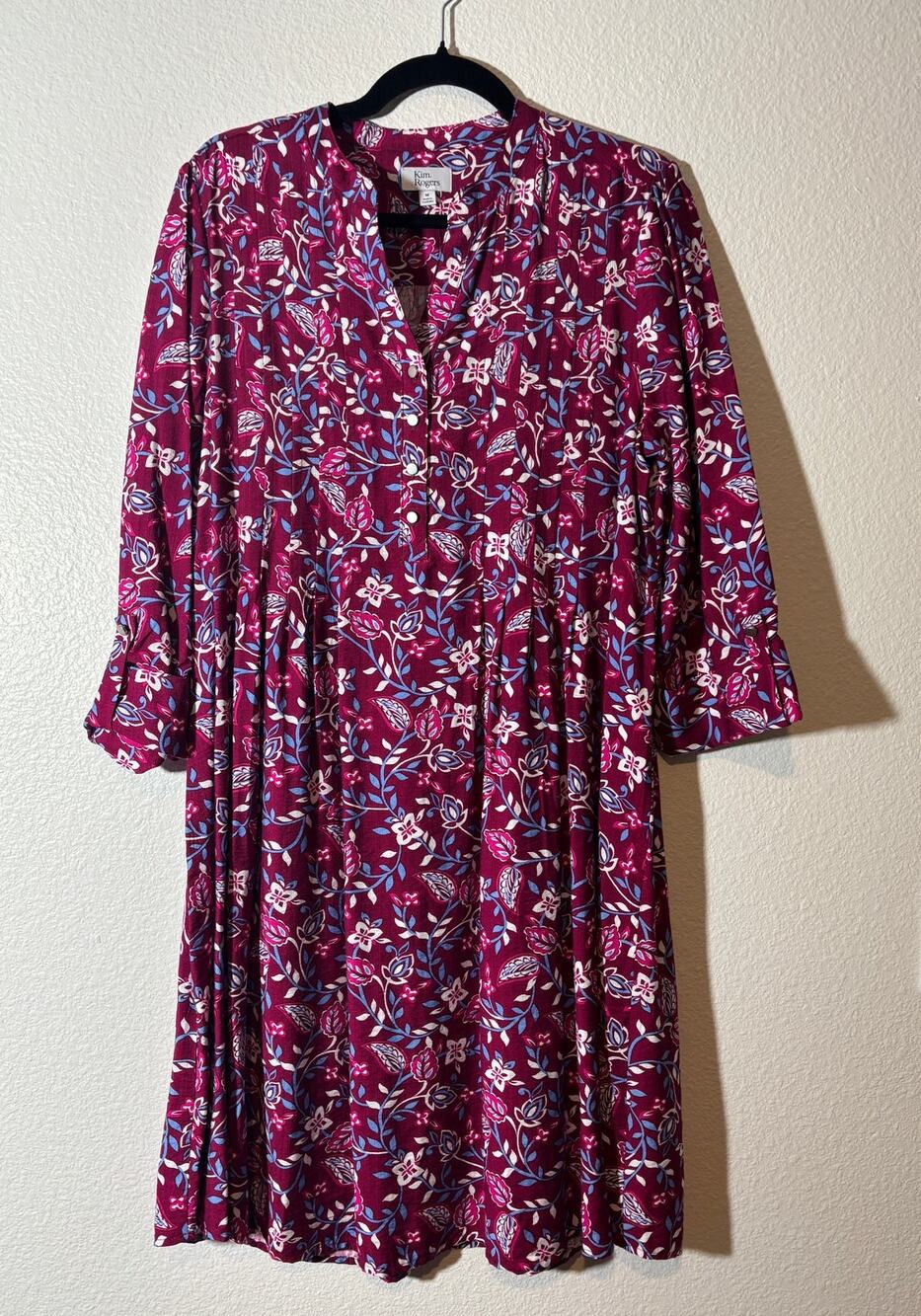 Kim Rogers Womens Shift Dress Size M Pink Floral Paisley Roll-Tab Sleeve Pintuck